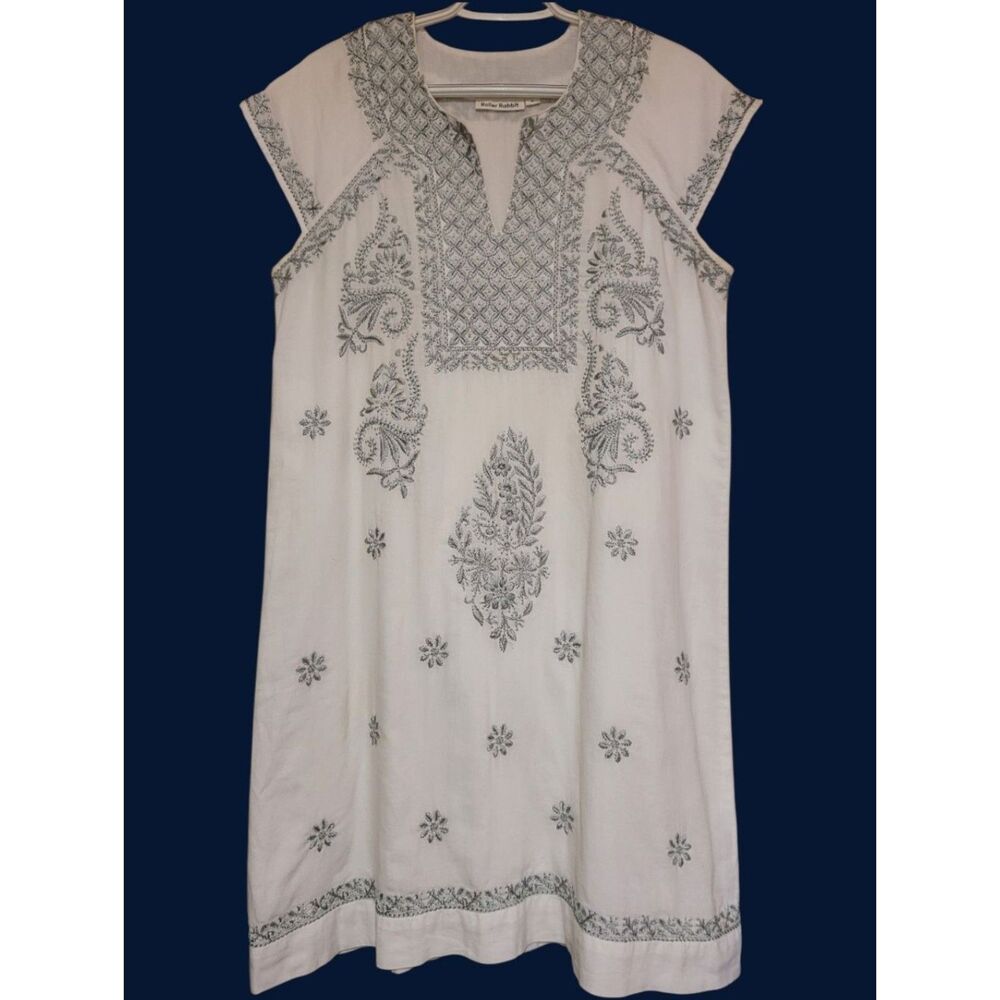 Roller Rabbit Faith Midi Dress Lined White Silver Embroidery 100% Cotton Medium